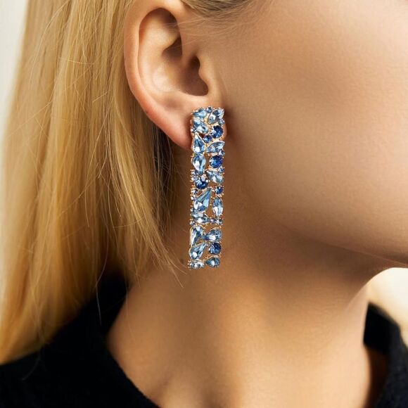 Yellow Gold with Blue Sapphire Crystal Geometric Rectangle Post Back Earrings - Picture 3 of 6